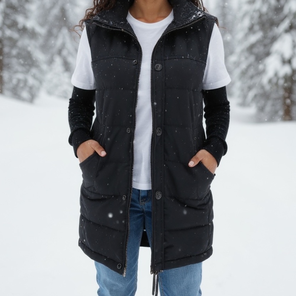 Aritzia S Community Black Down fill Vest cargo pockets drawstring waist NO HOOD